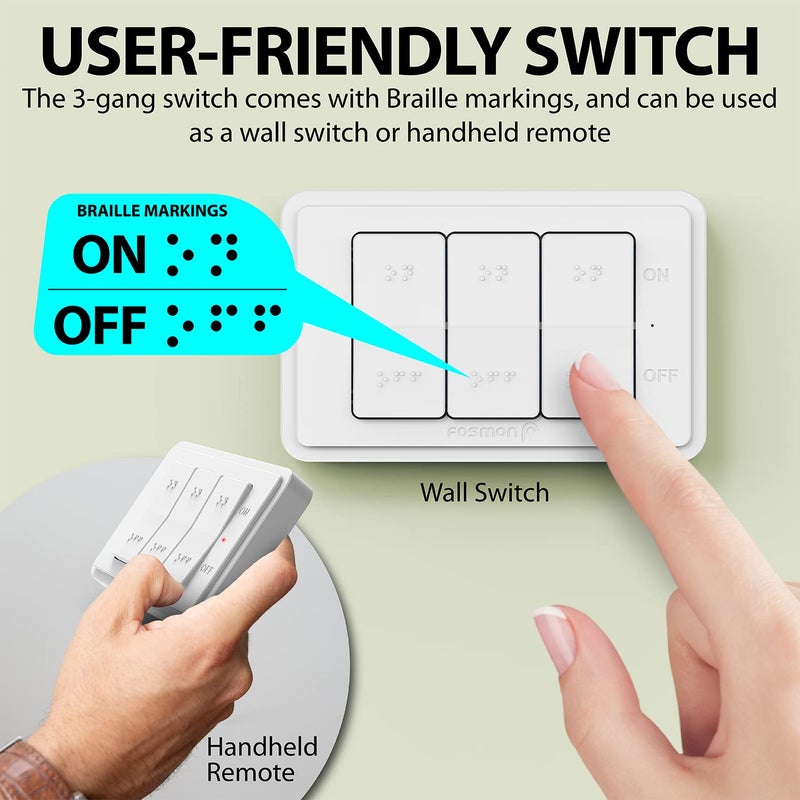 Fosmon Wireless Remote Control Outlet Plug Indoor, Battery Operated Light Switch with Braille On/Off Mark, for Lights, Christmas Tree, No Interference, 15A/1875W, No Wiring & Expandable - 3 Pack - Image 4